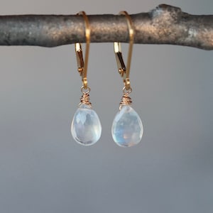 Moonstone Drop Earrings, White Gemstones with Blue Flash on Gold Filled Lever Back Closure, Sparkly Lightweight Earrings, June Birthstone