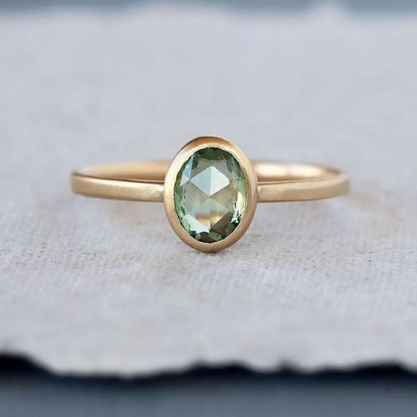 Green Sapphire Ring, Oval Rose Cut Sapphire, Brushed Satin Matte Solid 14k Gold Band, Antique-Inspired Ring