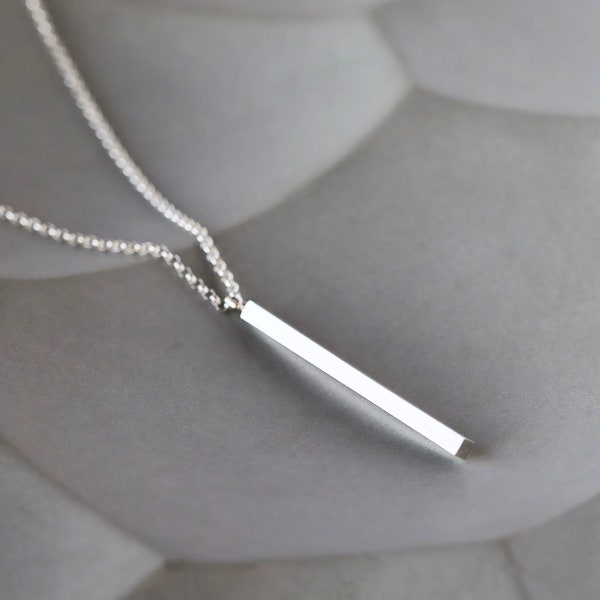 Silver Bar Necklace, Vertical Bar Pendant, Sterling Silver Unisex Necklace, Modern Geometric Jewelry