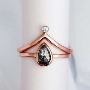 Pear Shaped Engagement Ring Set, Rose Cut Diamond Ring with 14k Rose Gold Chevron Band, Salt and Pepper Diamond