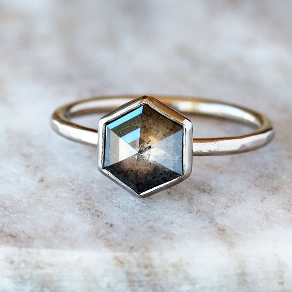 Hexagon Diamond Ring, Rose Cut Salt and Pepper Hexagonal Diamond in Nickel Free 18k Palladium White Gold, Low Profile Ring