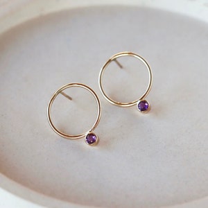 Amethyst Circle Earrings, Open Circle Studs with Amethyst Gemstones, 14k Gold Filled Earrings, February Birthstone