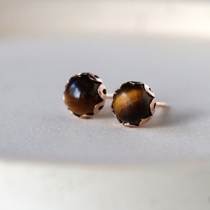 Tiger's Eye Stud Earrings, Gemstone Post Earrings, 14k Gold Filled Studs, Unique Gem Earrings