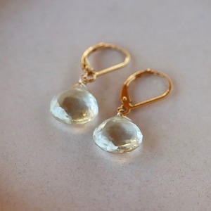 Green Amethyst Earrings, Light Prasiolite Drops on Lever Back Closure, Silver or Goldfill Sparkly Lightweight Earrings