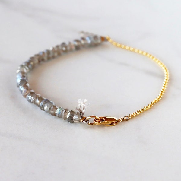 Labradorite Bracelet Gold, Delicate Gemstone Stacking Skinny Bracelet, 14k Gold Fill Layering Jewelry