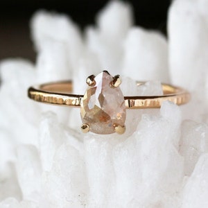 Rose Cut Pear Natural Diamond Ring, Unique Engagement Ring, 14k Yellow Gold Hammered Band