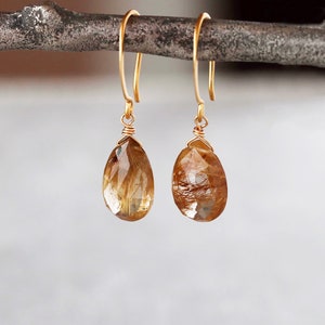 Golden Rutilated Quartz Earrings - 24k Gold Vermeil Ear Wires - Gold Gemstone Earrings - Gem Teardrops