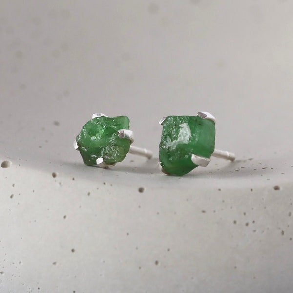 Raw Emerald Studs, Rough Emerald Stud Earrings, Sterling Silver Prong Set Gems, May Birthstone Jewelry