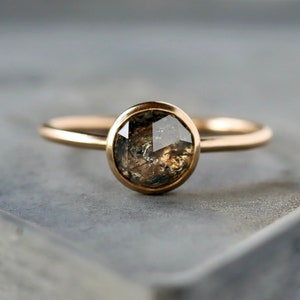 Rose Cut Gray Diamond Ring, Large Natural Grey Diamond in Solid 14k Yellow Gold with Satin Matte Brushed Finish