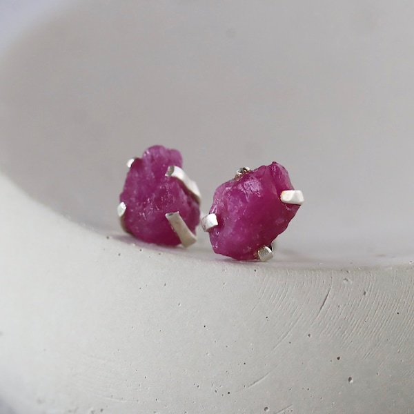 Raw Ruby Studs, Rough Ruby Stud Earrings, Sterling Silver Prong Set Gems, July Birthstone Jewelry