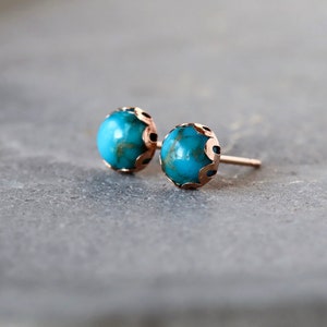 Turquoise Studs, 14k Gold Filled Scalloped Post Earrings, Genuine American Turquoise, December Birthstone Jewelry