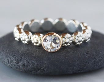 Moonstone Flower Ring, Solid 14k Gold Setting and Sterling Silver Floral Band, Two Tone Ring