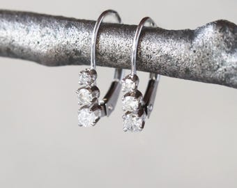 Three Stone Diamond Leverback Earrings | 14K White Gold Dainty Drops | 1/4 Carat