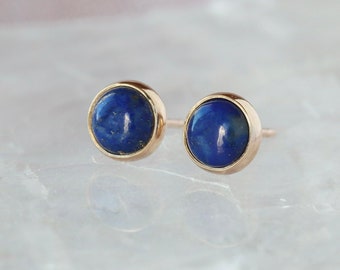 Lapis Lazuli Stud Earrings, Solid 14k Gold Lapis Studs, 6mm Size Classic Gemstone Earrings, Handmade Jewelry