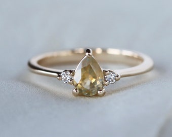 Yellow Montana Sapphire Ring with Round Diamonds, Dainty Three Stone Engagement Ring, Solid 14k Gold with Genuine Sunny Pear Sapphire
