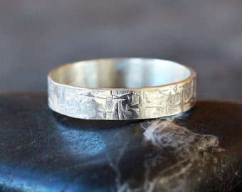 Viking Ring, Sterling Silver Men's Wedding Band, Hammered Pattern Rugged Silver Ring