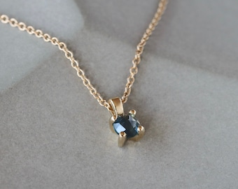 Montana Sapphire Necklace, Round Rose Cut Teal Blue Sapphire, Adjustable 14k Yellow Gold Chain, Dainty Minimalist Necklace