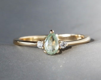 Mint Green Montana Sapphire Ring with Round Diamonds, Dainty Three Stone Engagement Ring, Solid 14k Gold with Minty Pear Sapphire