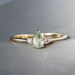 Mint Green Montana Sapphire Ring with Round Diamonds, Dainty Three Stone Engagement Ring, Solid 14k Gold with Minty Pear Sapphire