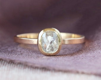 Natural Icy White Diamond Ring, Rose Cut Elongated Cushion Shape Diamond, 14k Yellow Gold Band, Half Carat Real Diamond Solitaire Ring