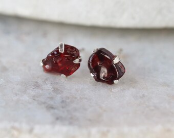 Raw Garnet Studs, Rough Garnet Stud Earrings, Sterling Silver Prong Set Gems, January Birthstone Jewelry