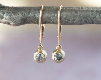 Salt and Pepper Diamond Earrings, Genuine Round Diamonds in Solid 14k Gold, Lever Back Ear Wires, Lightweight Dangly Earrings 7/8 Inch Long