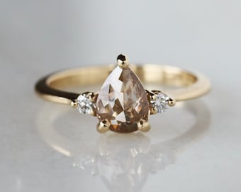 Pear Cut Champagne Diamond Three Stone Ring, Fancy Color 1 Carat Diamond with White Diamond Accents in Solid 14k Gold