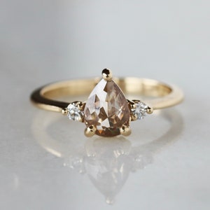 Pear Cut Champagne Diamond Three Stone Ring, Fancy Color 1 Carat Diamond with White Diamond Accents in Solid 14k Gold