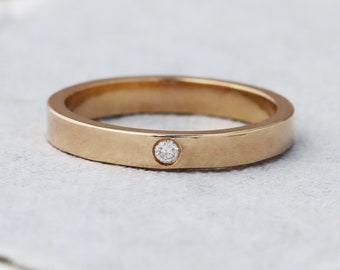 Diamond Dot Ring, 14k Yellow Gold Ring Flat Band with Flush-set Diamond, Recycled Gold Ring for Everyone, Unisex Ring