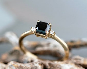 Asscher Cut Black Diamond Three Stone Ring, Fancy Square Faceted Diamond with White Diamond Accents in Solid 14k Gold