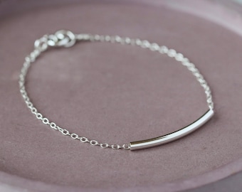 Sterling Silver Bar Bracelet, Minimalist Curved Tube on Dainty Chain