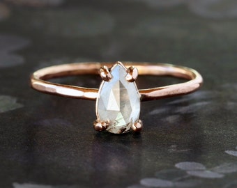 Icy Salt and Pepper Diamond Ring, Rose Cut Pear Diamond, 14k Rose Gold Hammered Band, Conflict Free Solitaire Prong-Set Diamond