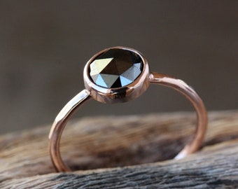 Rose Cut Black Diamond Ring, Solid 14k Rose Gold Hammered Band, Black Diamond Engagement Ring