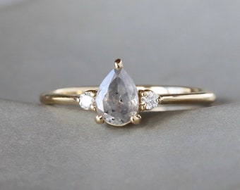 Pear Cut Salt and Pepper Diamond Three Stone Ring, Gray Faceted Diamond with White Diamond Accents in Solid 14k Gold