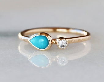 Turquoise and Diamond Ring, 14k Solid Gold Turquoise Pear Dainty Stacking Ring, Hammered Gold Band