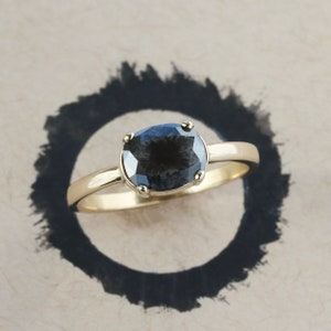 Oval Diamond Ring, 14k Yellow Gold Prong Set Salt and Pepper Diamond, East West Prong Setting on Polished Band image 1