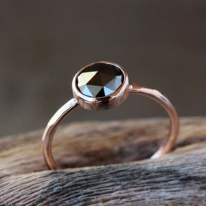 Rose Cut Black Diamond Ring, Solid 14k Rose Gold Hammered Band, Black Diamond Engagement Ring