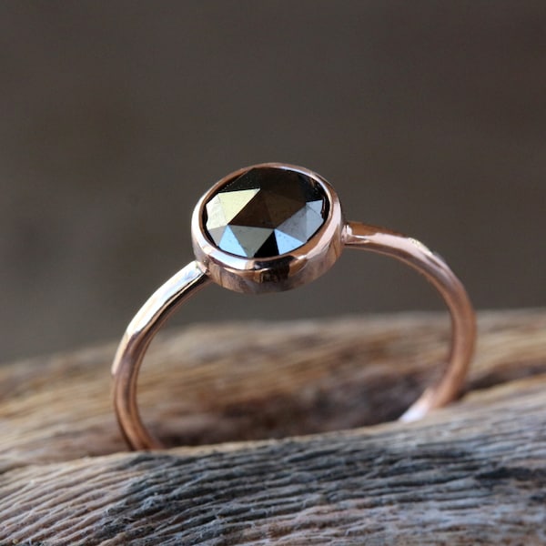 Rose Cut Black Diamond Ring, Solid 14k Rose Gold Hammered Band, Black Diamond Engagement Ring