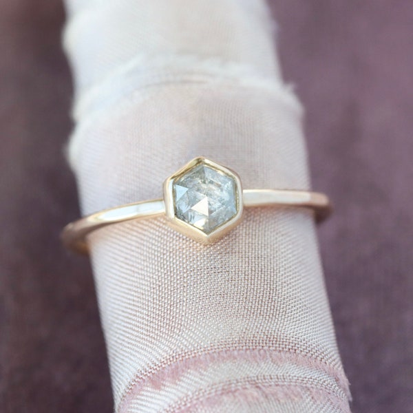 Icy Hexagon Diamond Ring, Rose Cut Salt and Pepper Hexagonal Diamond in Solid 14k Yellow Gold, Hammered Facets Band, Low Profile Ring