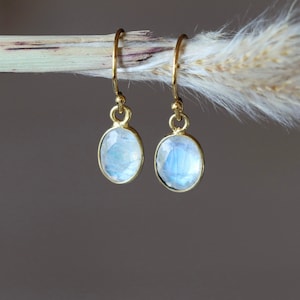 Gold Rainbow Moonstone Drop Earrings, Oval Gemstone Dangles in Gold, Dainty June Birthstone Jewelry