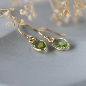 Peridot Drop Earrings, Oval Faceted Gemstone Dangles in Gold, Dainty August Birthstone Jewelry