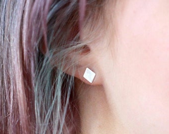 Silver Diamond Stud Earrings, Geometric Shape Earrings, Sterling Silver Rhombus Posts