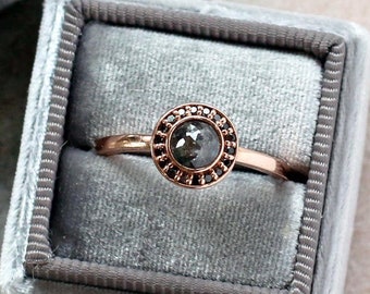 Black Diamond Halo Engagement Ring, Rose Cut Deep Gray Diamond Center, 14k Rose Gold Band