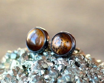 Tiger's Eye Stud Earrings, Sterling Silver Gemstone Post Studs, Unique Gem Earrings