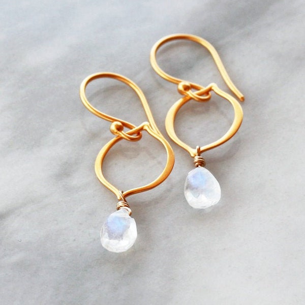 Moonstone Earrings Gold, 24k Gold Vermeil Gemstone Dangle, Lightweight June Birthstone Earrings, High Karat Gold