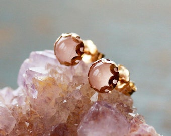 Rose Quartz Earrings, 14k Gold Fill Studs, Soft Pale Pink Earrings, Rose Quartz Ear Studs, Gold Post Earrings