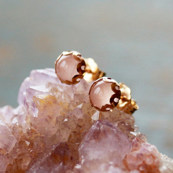 Rose Quartz Earrings, 14k Gold Fill Studs, Soft Pale Pink Earrings, Rose Quartz Ear Studs, Gold Post Earrings