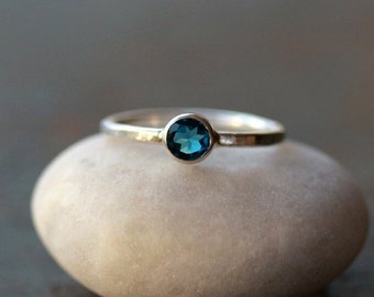 London Blue Topaz Ring, Sterling Silver Hammered Band, Simple Silver Gemstone Ring