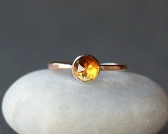 Rose Cut Citrine Ring, Solid 14k Gold or Rose Gold Hammered Band, November Birthstone Ring