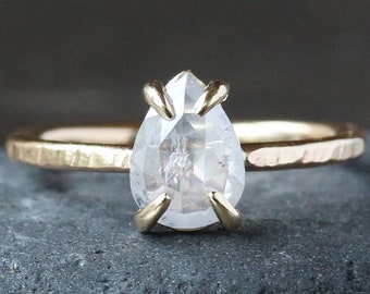 Natural Icy White Diamond Ring, Rose Cut Pear Diamond, 14k Yellow Gold Hammered Band, Conflict Free Solitaire Prong-Set Diamond